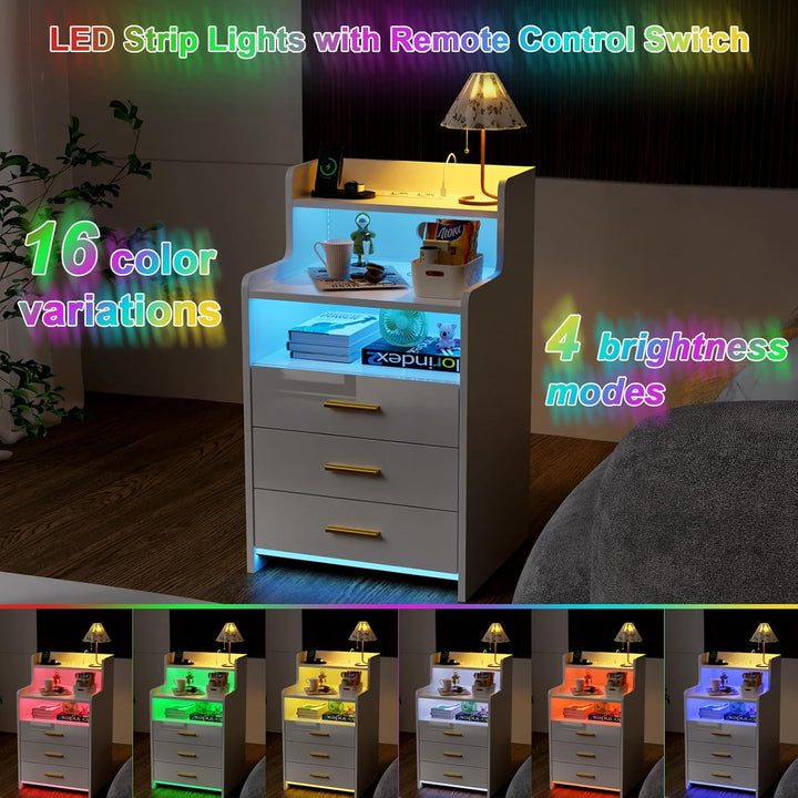 PIPIPOXER Nachttisch mit Steckdose, Nachtschrank mit Led Licht, Nachtkommode mit 3 Schubladen Und 1