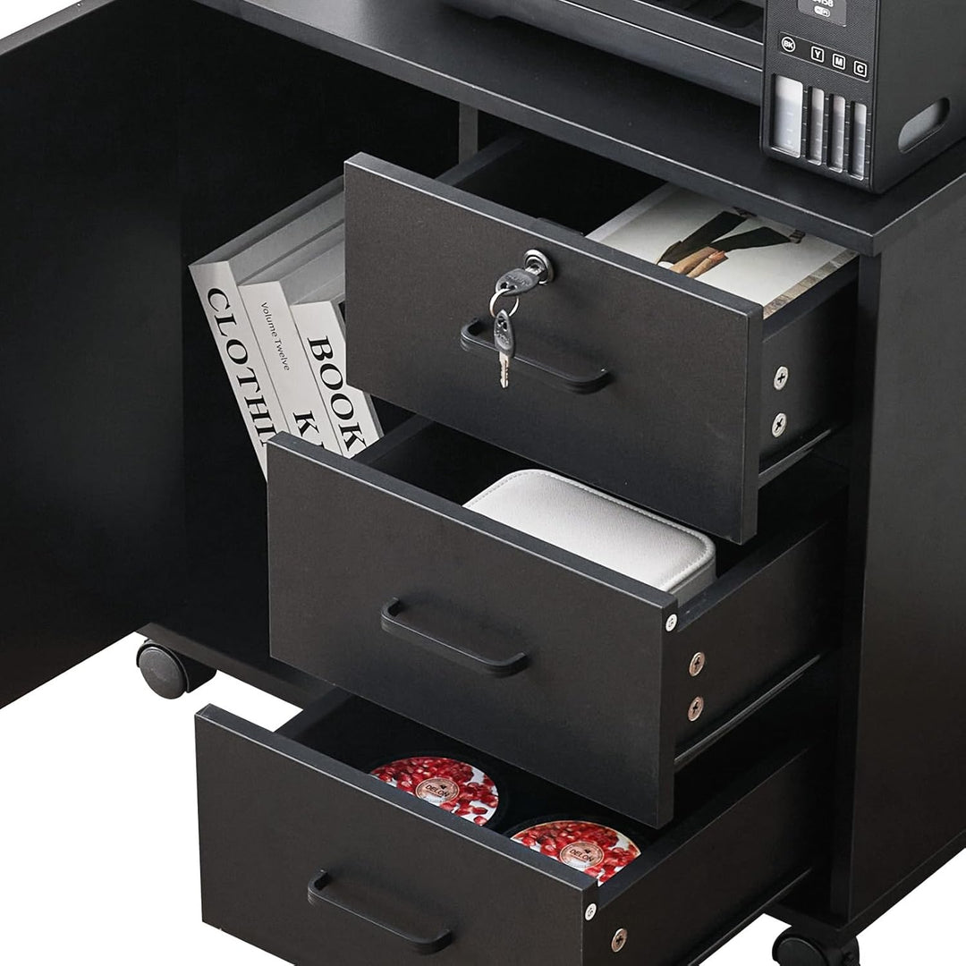 ZBAOLTO Rollcontainer Aktenschrank aus Holz, Abschliessbar Büroschrank mit 3 Schubladen und Tür, Ver