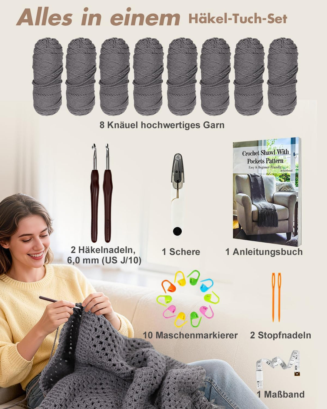 Arborthread Häkel-Set für Anfänger, Tuch mit Taschen, Grau, GRAU