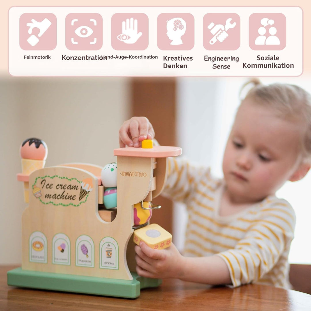 Smartwo Eismaschine Holzspielzeug ab 3 Jahre, Kinderküche & Kaufladen Zubehör, Eisdiele Kleinkinder