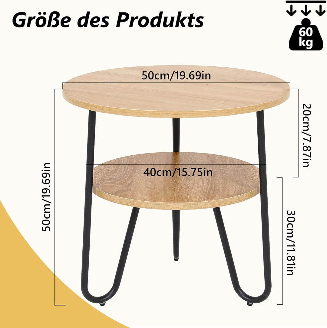 Mingone Couchtisch Rund Beistelltisch 2 Ablagen Sofatisch Modern mit Stauraum Kleiner Tisch für Wohn