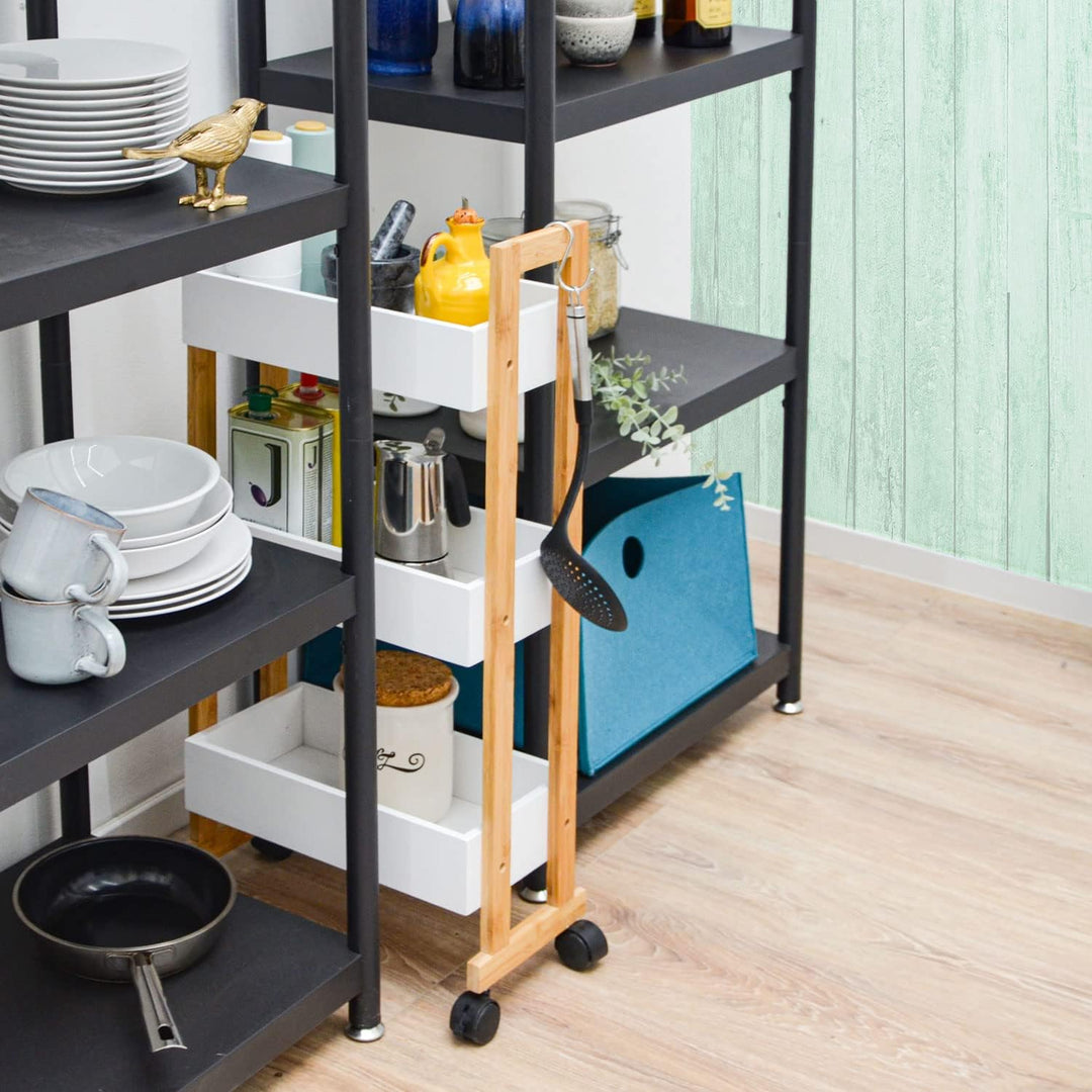 DuneDesign Bambus Nischenregal 20 cm Breit - 38x20x80 Schmales Regal auf Rollen - Nischenschrank Küc