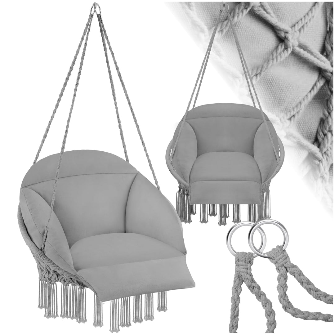 tectake® Hängesessel, Hängeschaukel mit dicken Kissen & Quasten, Boho Hängekorb Ø 80 cm, Hängesessel