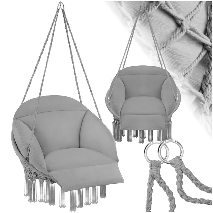 tectake® Hängesessel, Hängeschaukel mit dicken Kissen & Quasten, Boho Hängekorb Ø 80 cm, Hängesessel