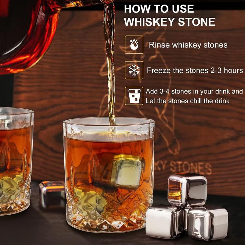 Whisky Steine Geschenkset – 6 Edelstahl Whisky Eiswürfel Wiederverwendbar - Whiskey Rocks Cooling St