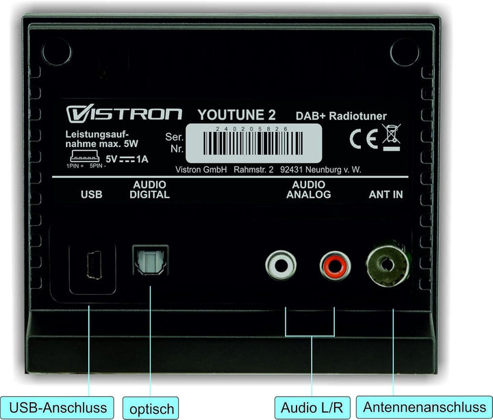Vistron Youtune 2 DAB+ Radiotuner, digitaler DAB Radioadapter (HiFi Anlage + AV Receiver Erweiterung