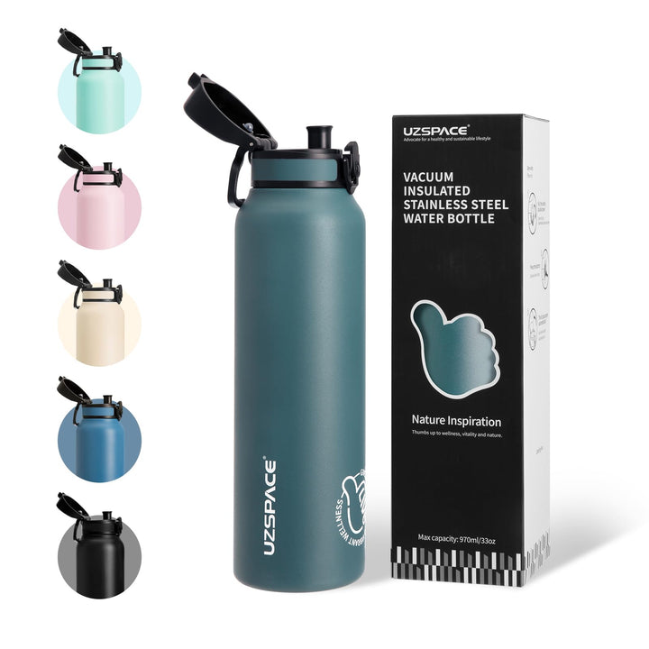 UZSPACE Edelstahl Trinkflasche 1l (970ml), Isolierte Thermosflasche mit 1-Klick-Öffnung, 100% Auslau