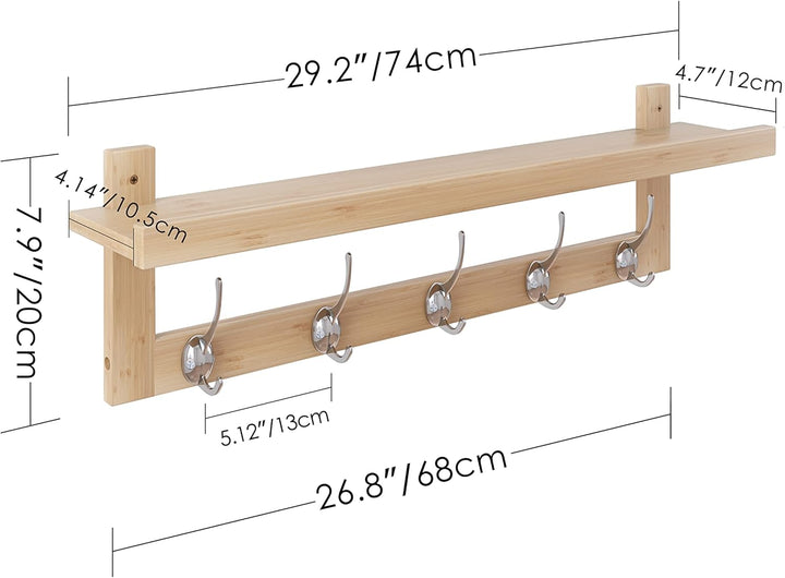 SMIBUY Kleiderhaken mit Regal Wandmontage, 74 cm Eingangsbereich Garderobe für Wand, Bambus-Hängereg