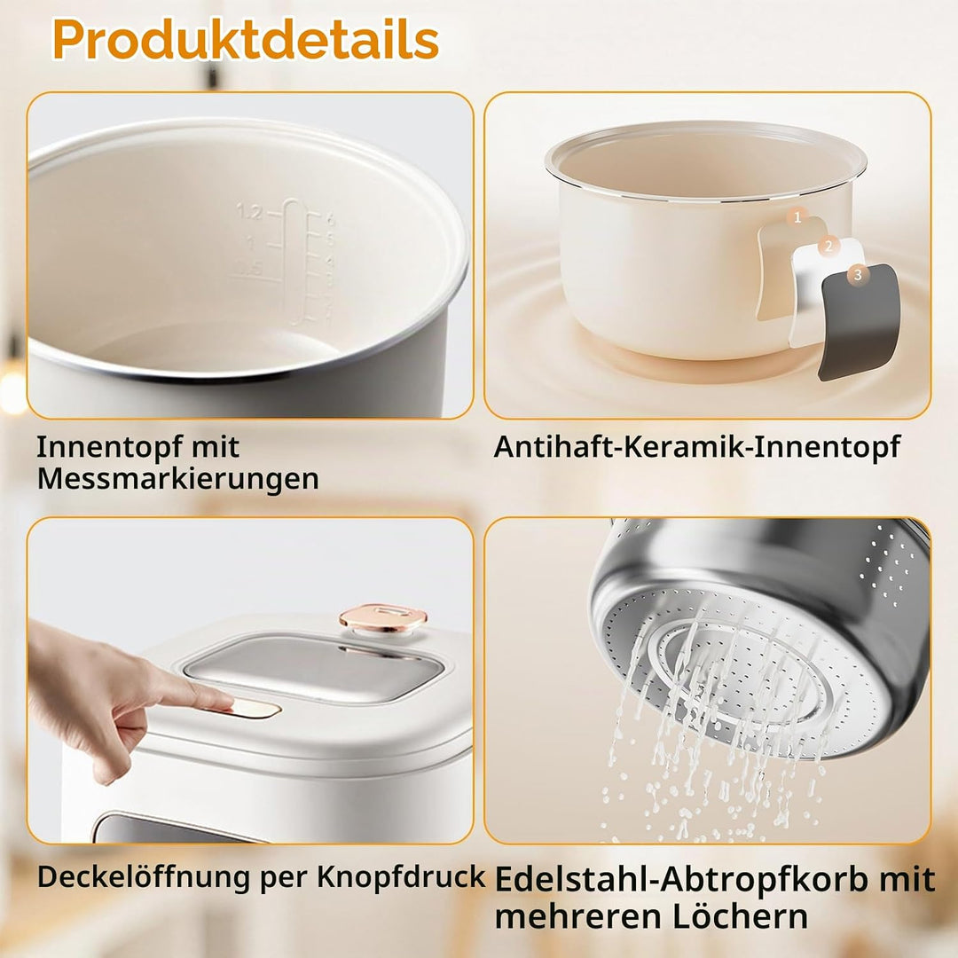 Reiskocher 3L, mit Low Sugar Funktion, 10 Programme, Low Carb Funktion | Rice Cooker, Dampfgarer, To