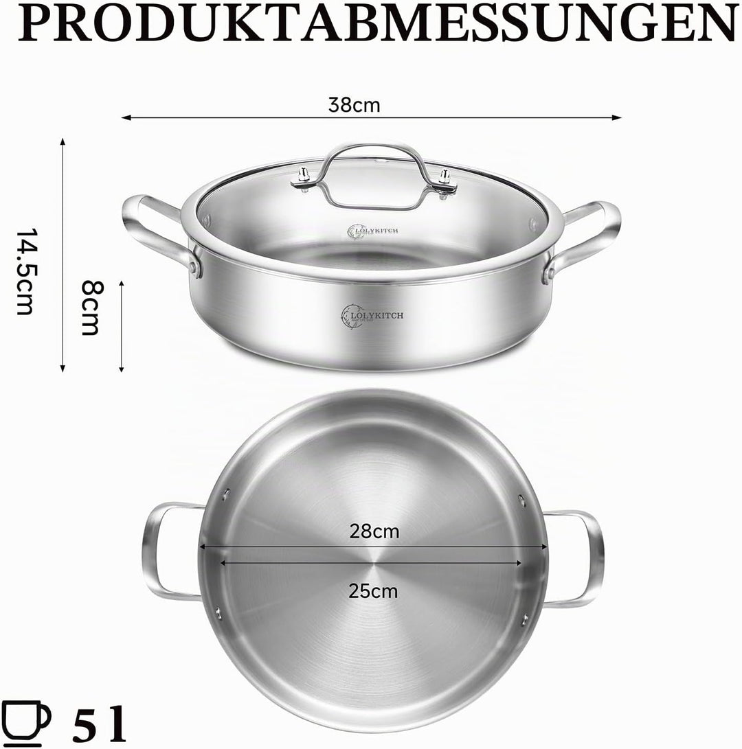 LOLYKITCH Schmorpfanne 28 cm Hoher Rand, Servierpfanne mit Deckel, Edelstahl Unbeschichtet Sautepfan