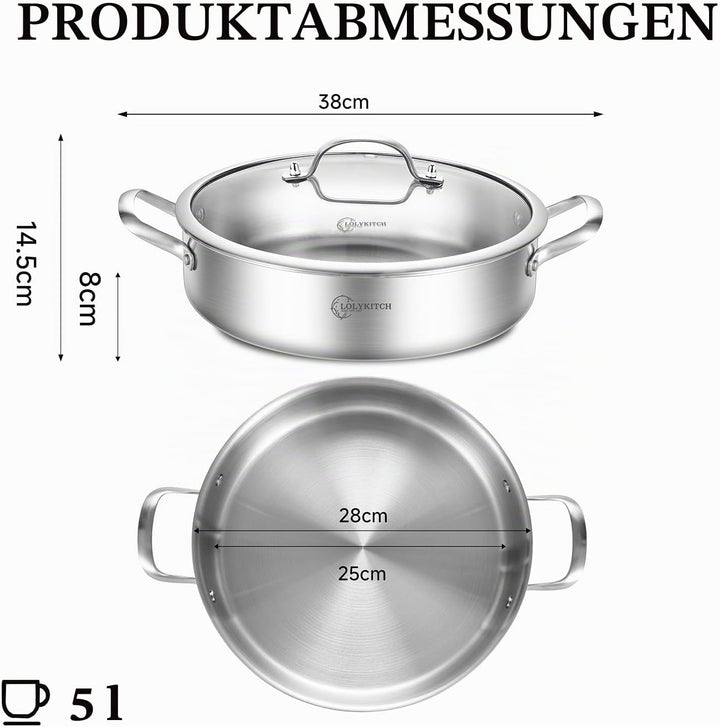 LOLYKITCH Schmorpfanne 28 cm Hoher Rand, Servierpfanne mit Deckel, Edelstahl Unbeschichtet Sautepfan