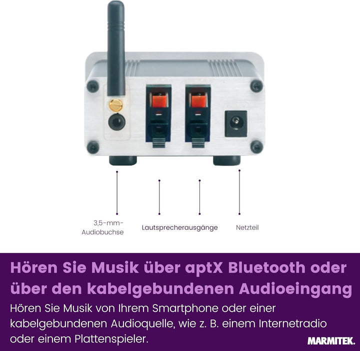 Mini Verstärker Bluetooth - Marmitek BoomBoom 460 - aptX - 2x 20W RMS - AUX Eingang - passive Lautsp