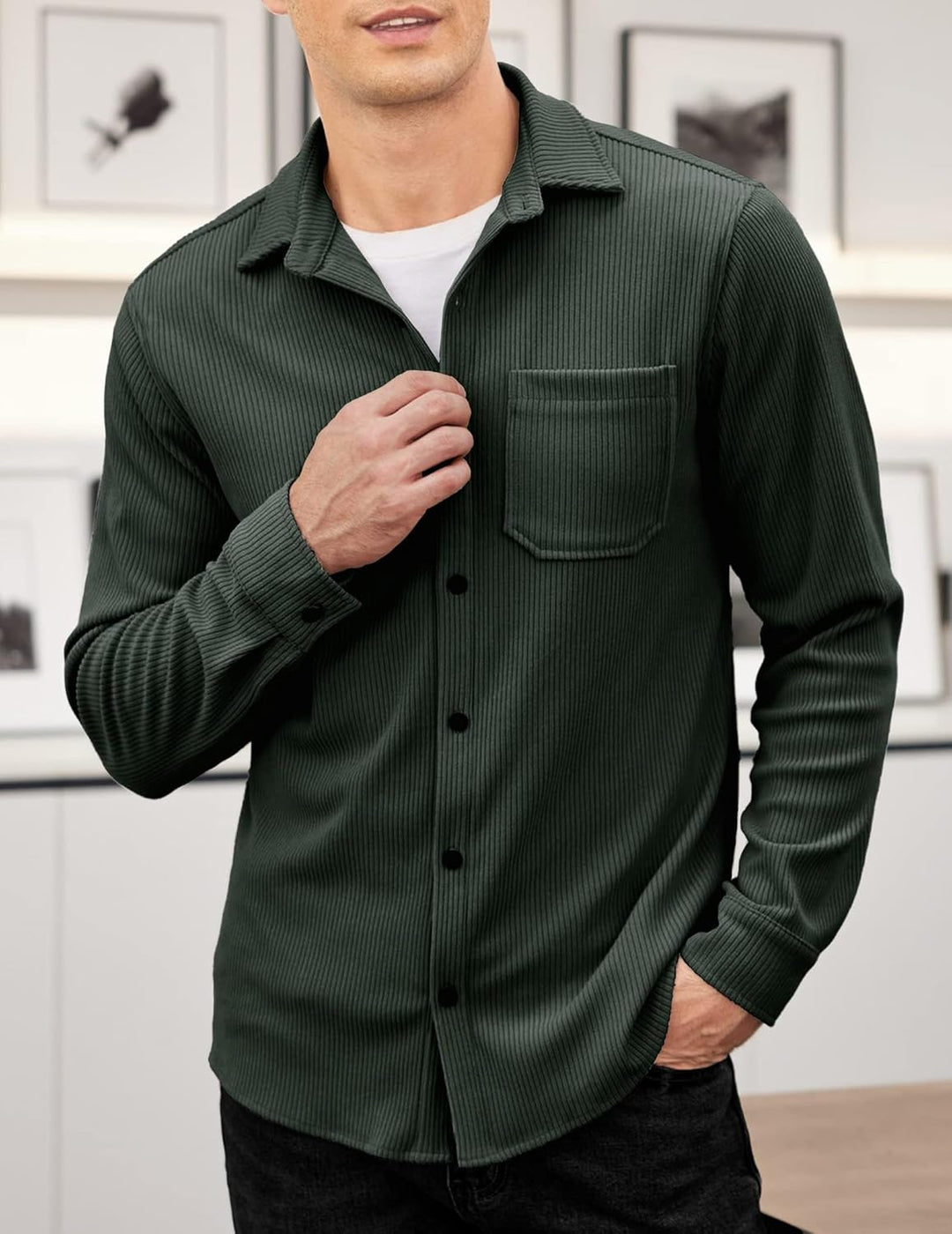 COOFANDY Herren Cord Hemd Langarm Regular Fit Freizeithemd Langarmhemd Button Up Hemdjacke mit Front