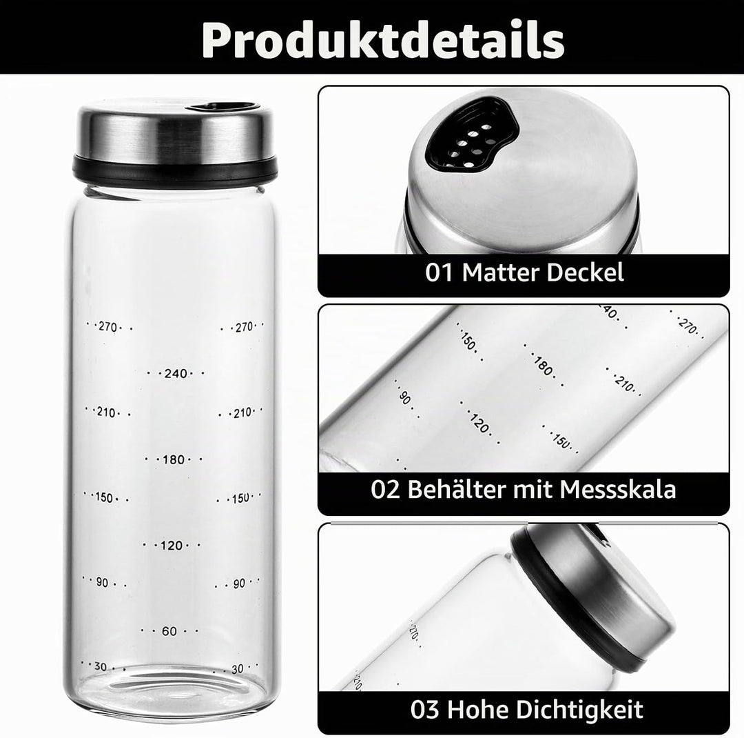 3 Stück Gewürzgläser mit Drehdeckel 300ml Gewürzdosen Glas, 16.5x6 cm Luftdicht Gewürzstreuer mit 4