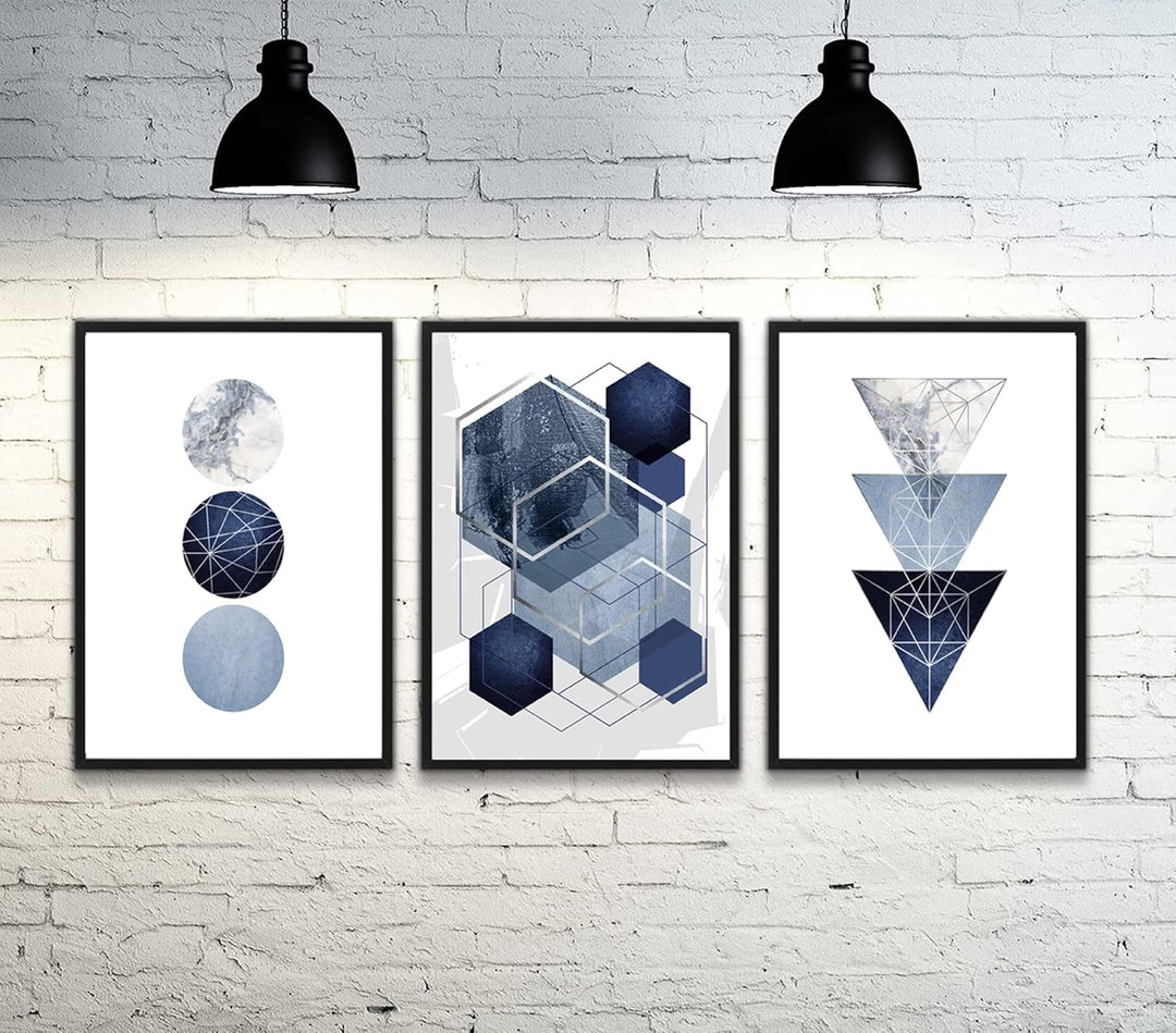 ag.art deco Moderne Poster Set | 3 Stück DIN A4 21x30cm MIT RAHMEN schwarz | Dreiecke und Kreise Tri