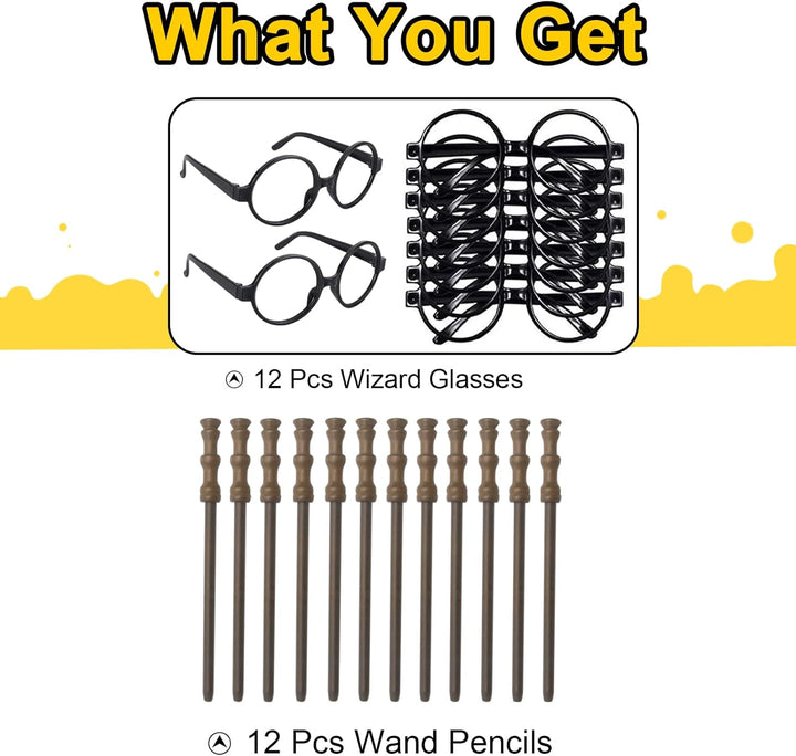 Cosplay Zauberer Partyzubehör Set – Zauberstab Bleistifte,Zauberbrille mit rundem Rahmen ohne Gläser