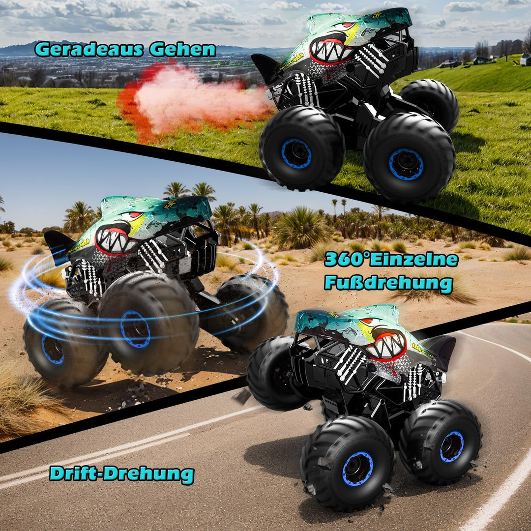 Ferngesteuertes Auto, 1/16 Monstertruck mit Stomp und 360°Drehung, Hai Monstertruck Ferngesteuert mi