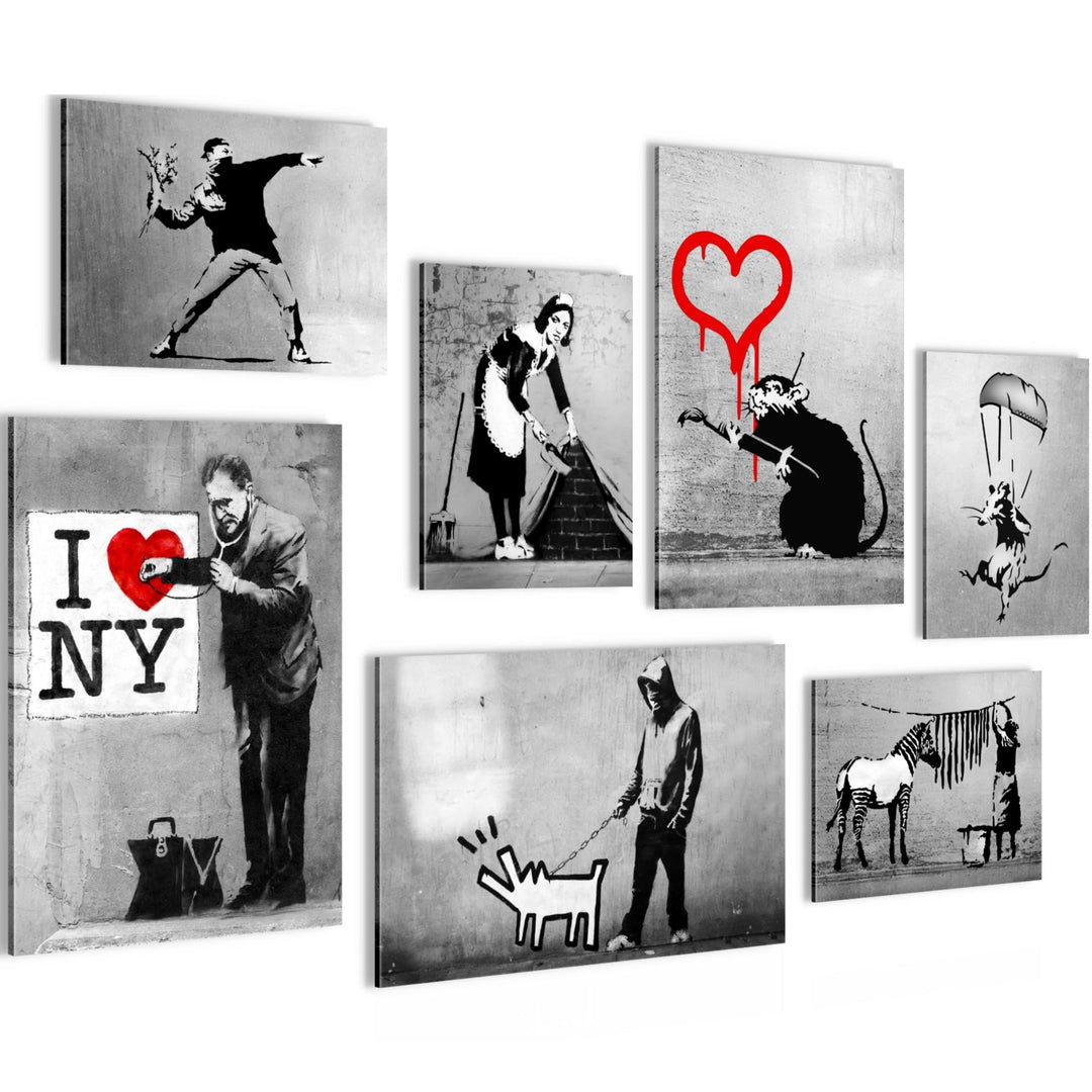 Novart Wandbilder Banksy Collage - KOMPLETT AUFHÄNGFERTIG - Street Art Wohnzimmer Büro Loft - 7 Mode