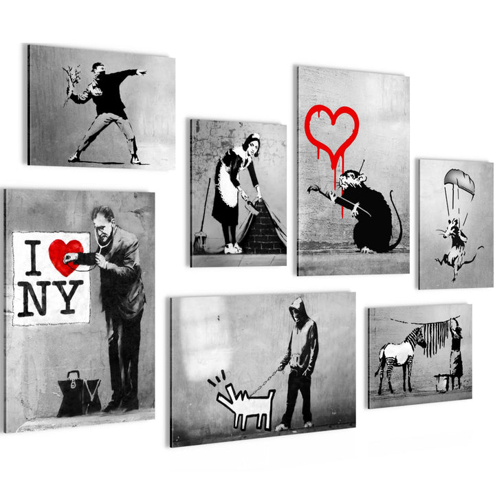 Novart Wandbilder Banksy Collage - KOMPLETT AUFHÄNGFERTIG - Street Art Wohnzimmer Büro Loft - 7 Mode