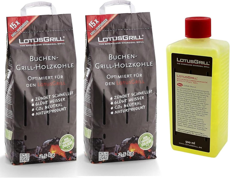 LotusGrill Buchenholzkohle 2X 2,5 kg Sack inkl. LotusGrill Brennpaste 500 ml, beides entwickelt für