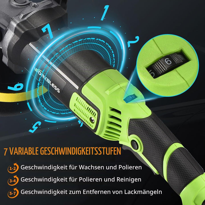 WORKBLESS Poliermaschine Auto, 1600W, 7 Variable Geschwindigkeit, 1600-3500 U/min, Autopolitur Set m