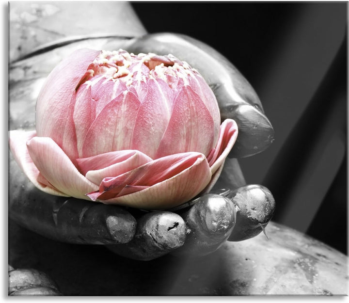 Lotus in einer Hand eines Buddhas Herdabdeckplatte & Spritzschutz aus Echtglas | Für Herd-Kochfelder