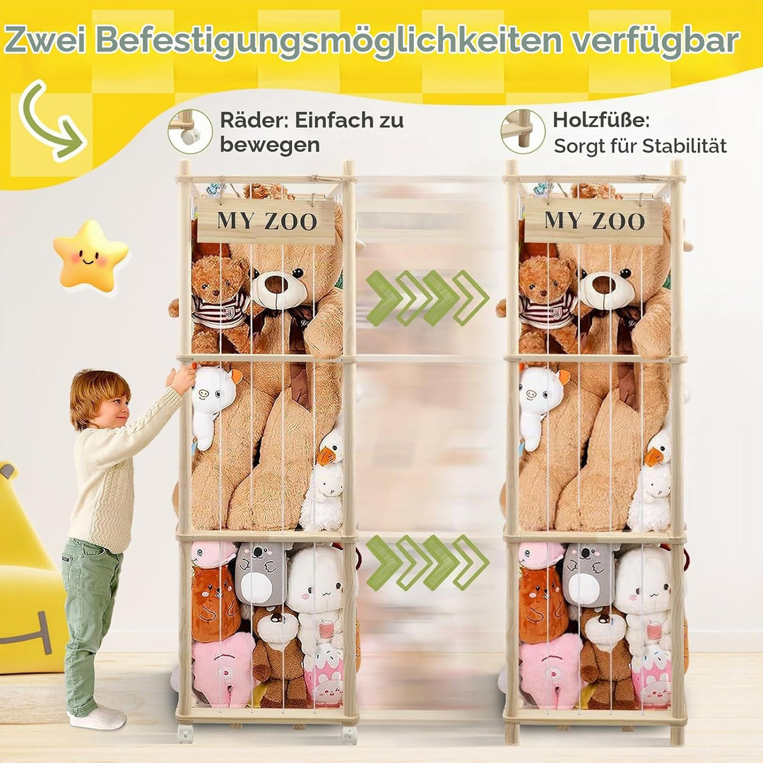 Holz Kuscheltier Aufbewahrung mit °Räder, 135 * 40 * 40cm Stofftier Aufbewahrung für Kuscheltiere, A