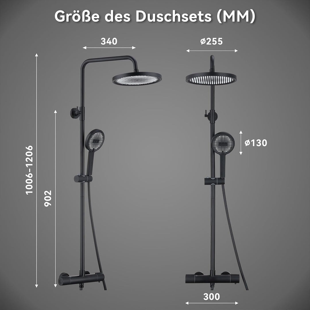 HOMELODY Duschsystem mit Thermostat Schwarz, Duscharmatur Komplettset mit Filter, 25cm Kopfbrause Re