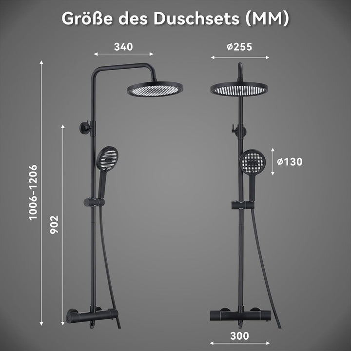 HOMELODY Duschsystem mit Thermostat Schwarz, Duscharmatur Komplettset mit Filter, 25cm Kopfbrause Re