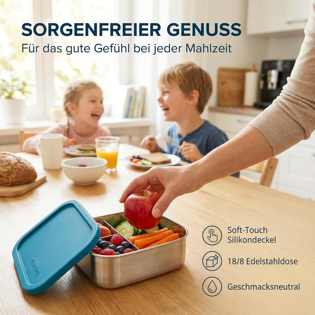 Edelstahl Brotdose, Feste Trennwand und 3 Fächer, Silikondeckel, Auslaufsicher, Spülmaschinengeeigne