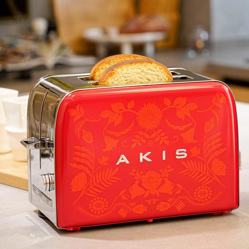 AKIS La Fête Design Toaster und Wasserkocher Set aus Edelstahl in Rot Farbe mit Barock Muster, Toast