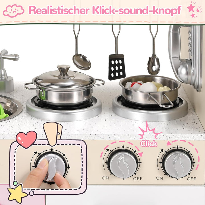 MAMIZO Kinderküche mit Licht und Sound, Puppenküche Holz, kinderküchen mit Herd, Eismaschine, Telefo