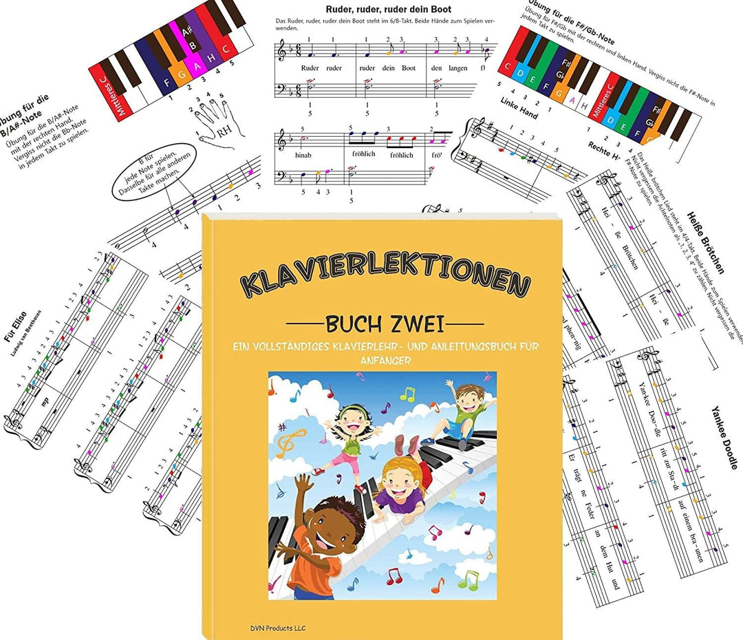 Klavier- und Keyboard-Notentabelle, kompletter Klaviermusikunterricht mit Farbnoten, Handbuch 1 und