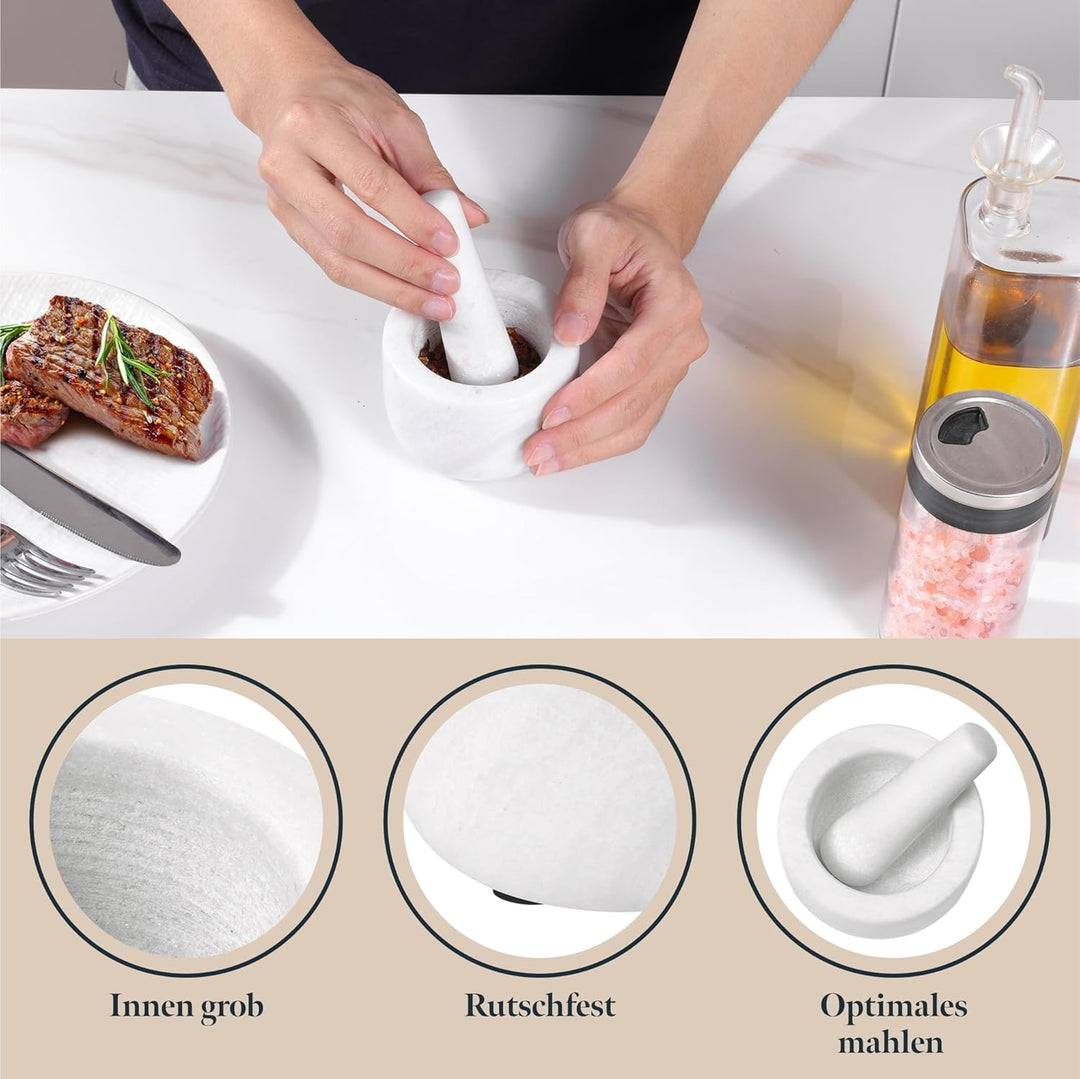 Gourmeo Mörser mit Stössel Set aus Marmor - 8,5 x 8,5 x H6cm - 200ml Mörser mit Stössel klein - Mort