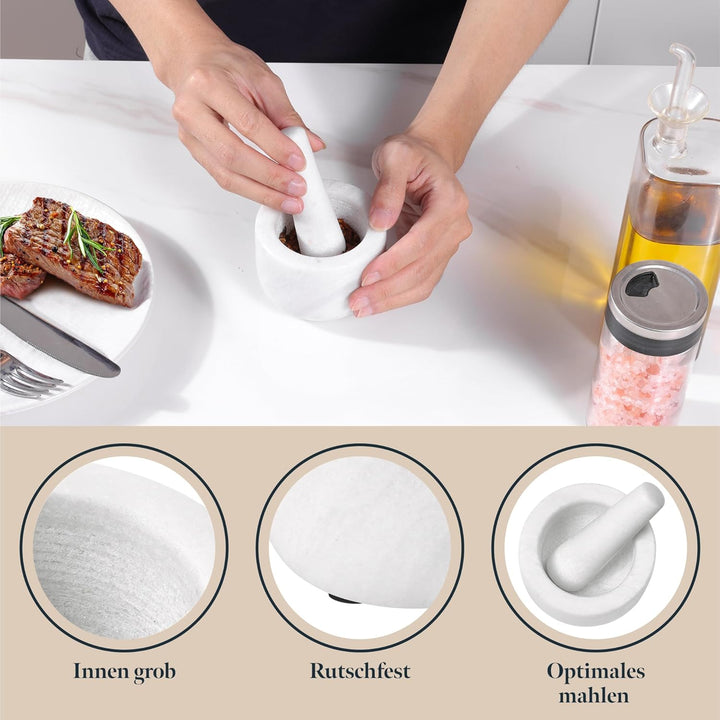 Gourmeo Mörser mit Stössel Set aus Marmor - 8,5 x 8,5 x H6cm - 200ml Mörser mit Stössel klein - Mort