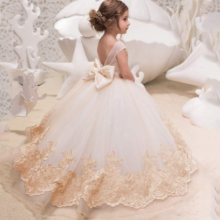 PLWEDDING Spitze Lange Ärmel Blumenmädchen Kleid Prinzessin Tüll Kleid für Kinder Erstkommunion Klei