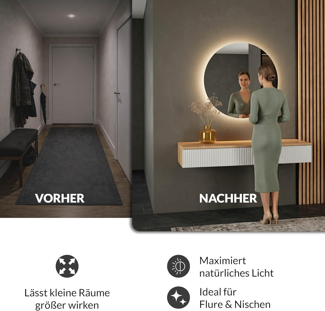 Planetmöbel Flur Garderobe Set Konsolentisch 100 cm inkl. Spiegel mit Beleuchtung rund (ohne Rahmen)