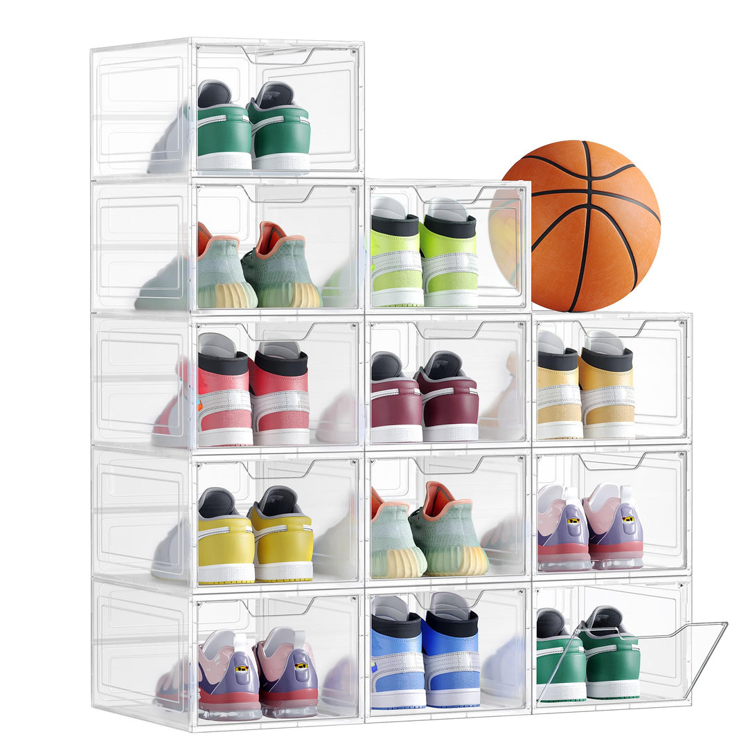 SONGMICS Schuhboxen, Schuh-Organizer aus Kunststoff, mit Tür, durchsichtig, Kunststoffboxen, 12er Se