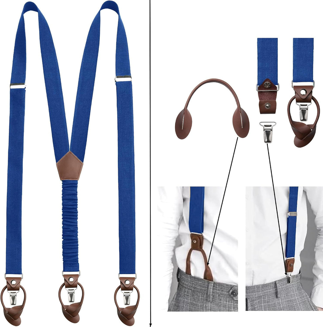 Leinen Accessoires SET: Fliege und Hosenträger Hosenträger mit Leder für Herren. Fliege Bereits gebu
