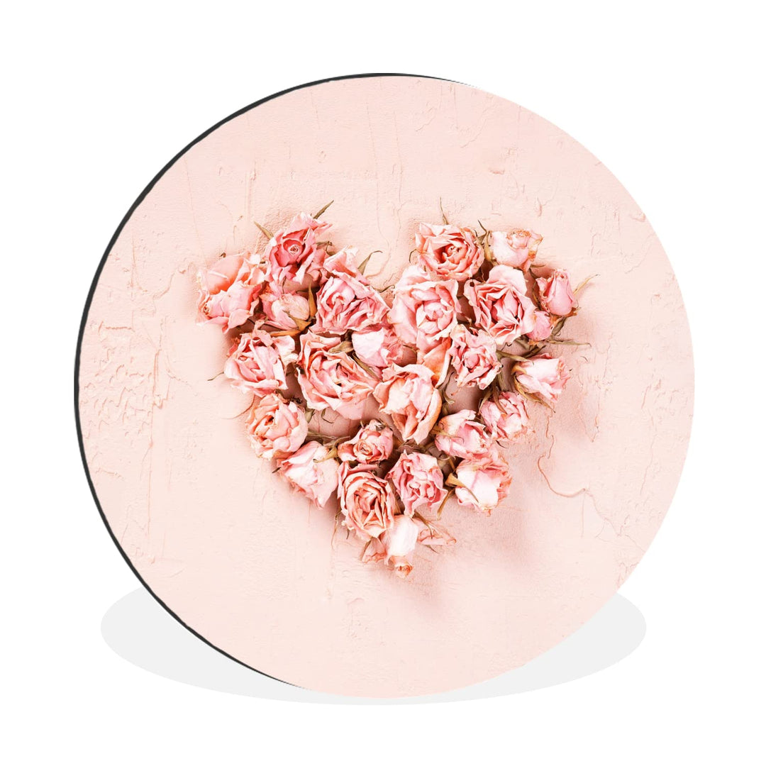 MuchoWow Wandbild Rund Wanddeko Deko Wohnzimmer Bilder 60x60 cm Herz - Blumen - Rosa, 60x60 cm