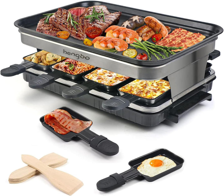 Raclette 8 Personen Tischgrill Elektrisch, Raclette Grill mit 8 Mini Raclette Pfännchen & 4 Holzspat
