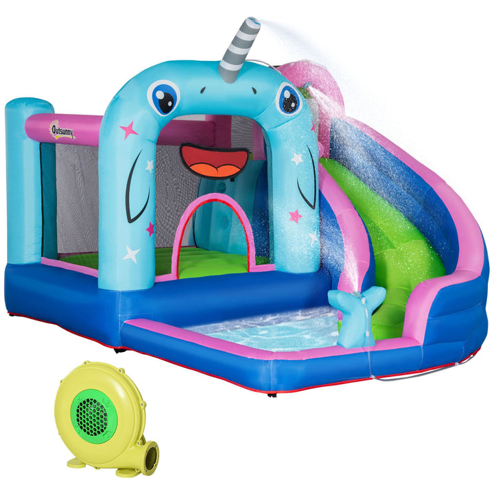 Outsunny Aufblasbare Hüpfburg mit Gebläse, Wasserspielcenter inkl. Sicherheitsnetz, Wasserrutsche, S
