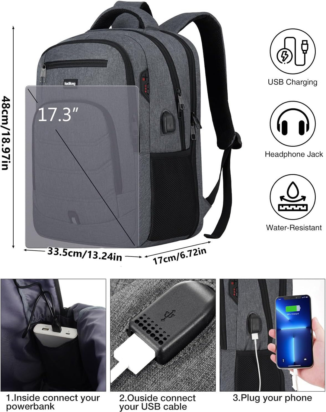 kadilong Rucksack Laptop Herren mit 17,3 Zoll Laptopfach Schulrucksack Jungen Teenager Wasserdicht m