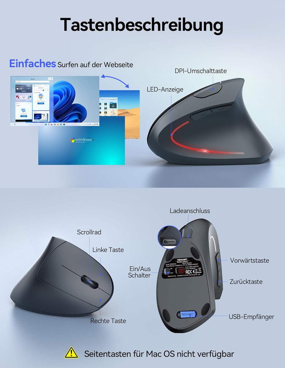 TECKNET Wiederaufladbar Ergonomische Maus Kabellos, 2.4G Optische Vertikale Maus Ergonomisch, 5 Eins