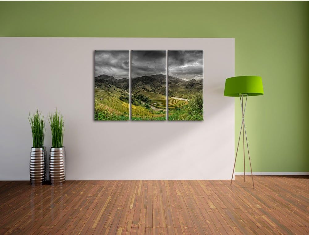 Pixxprint eine Berg Farm in Asien B&W Detail 3-Teiler Leinwandbild 120x80 Bild auf Leinwand