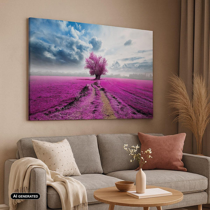 Bilder auf Leinwand Heidefeld Baum Wolken Landschaft Leinwandbild 70x50cm Wandbilder Dekoration Wohn
