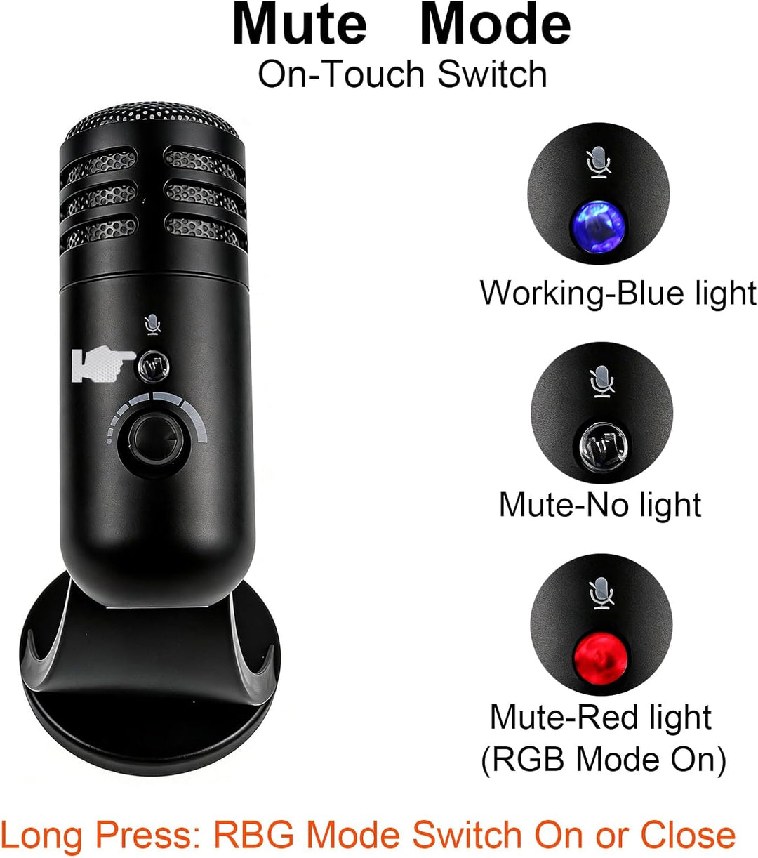 USB-Mikrofon, Kondensatormikrofon mit Ständer, PC-Computer-Gaming-Streaming-Mikrofon mit RGB-Beleuch