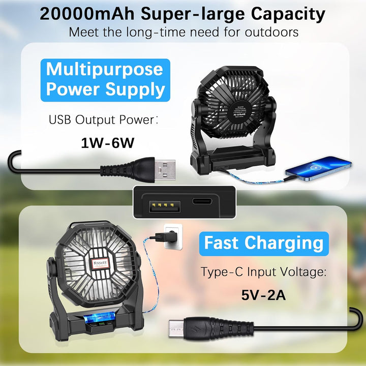 20.000 mAh Campingventilator mit LED-Licht, 4 Geschwindigkeitsstufen, USB-ventilator,es wiederauflad