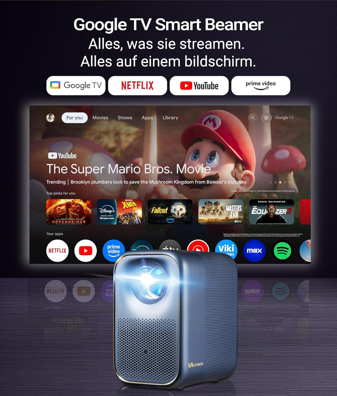 AllPlay Smart Beamer mit Google TV, Full HD 1080p, WiFi &amp; Bluetooth, Autofokus, Aautomatische Trapez