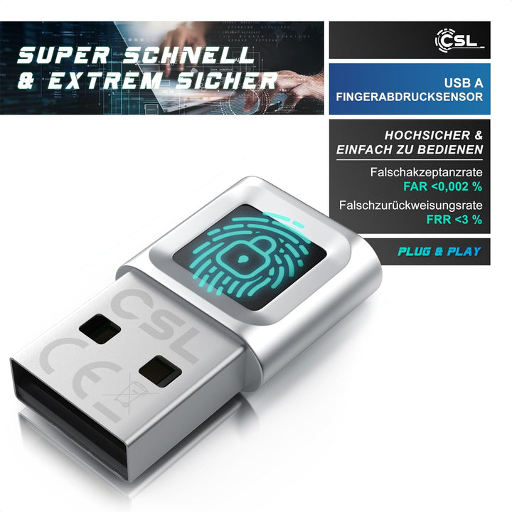 CSL - USB Fingerabdrucksensor für PC - Fingerprint Key - bis zu 10 IDs – kompatibel mit Windows 11 –